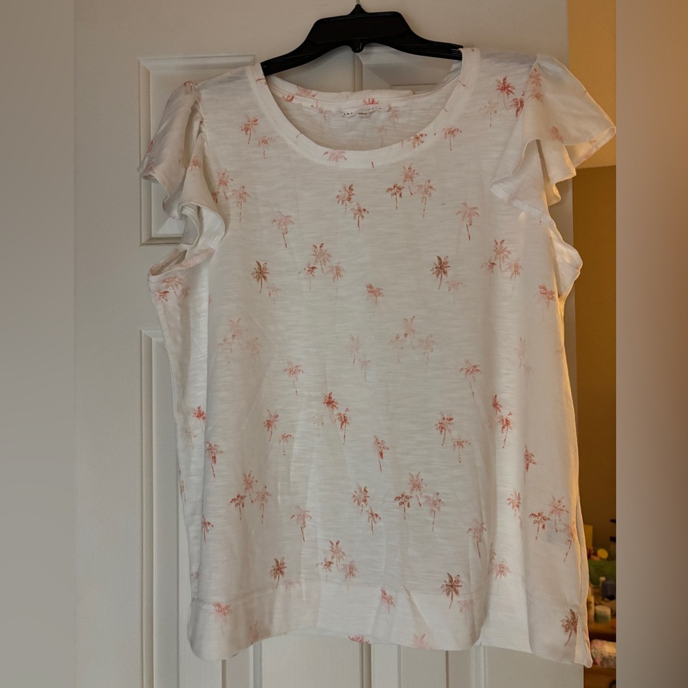 Women’s White Ruffle Sleeve Top with Pink Palm Tree Print Size L